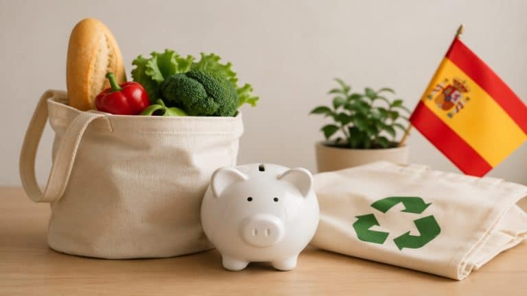 La imagen presenta una escena minimalista que simboliza el consumo responsable en España. Se observa una bolsa reutilizable con alimentos frescos, un cerdito de ahorro y una bolsa con símbolo de reciclaje, acompañados por una pequeña bandera española. En conjunto, los elementos transmiten la idea de equilibrio entre ahorro, sostenibilidad y decisiones conscientes en el día a día.