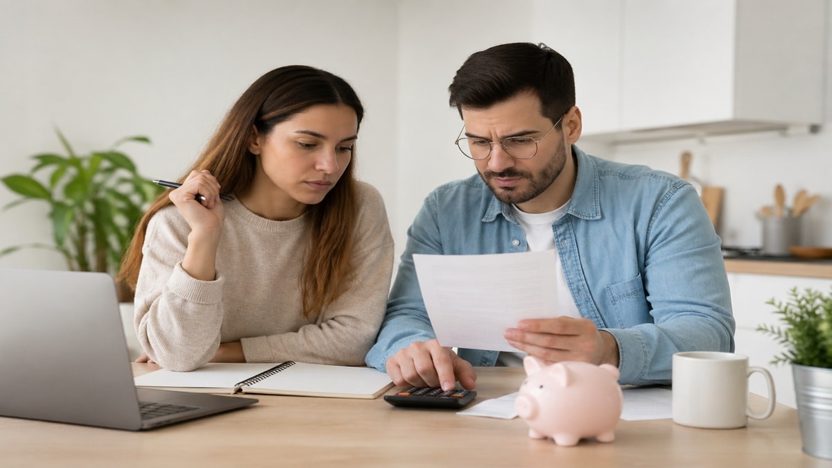 Um casal analisa as contas domésticas com uma calculadora e um notebook em um ambiente moderno, representando o planejamento financeiro e o controle do orçamento familiar no Brasil.