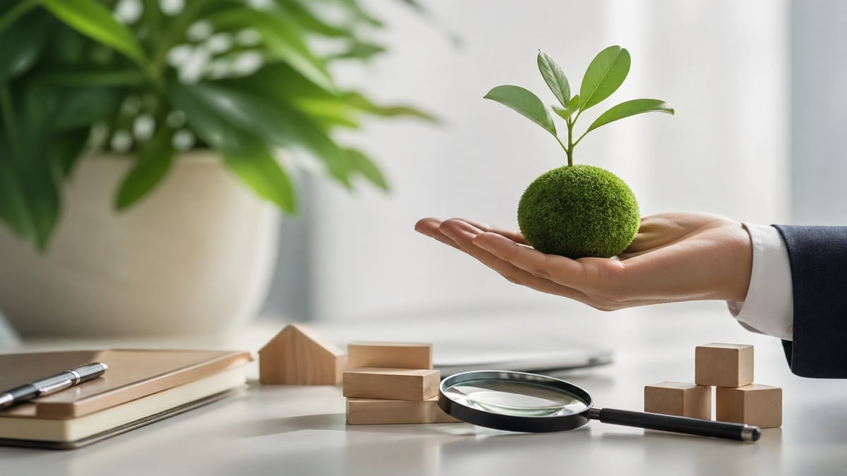 Mão segurando uma pequena planta verde em um ambiente minimalista com elementos de escritório, simbolizando investimentos conscientes e sustentabilidade financeira no Brasil