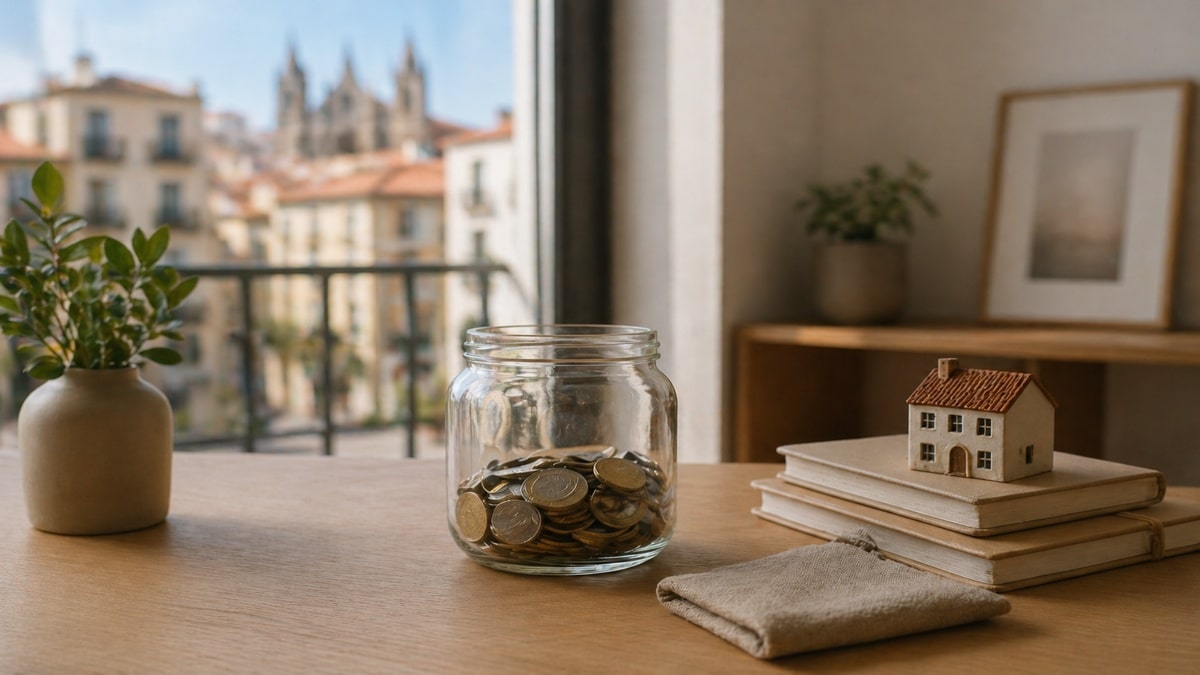 Uma cena minimalista e realista sobre finanças pessoais: um pote de vidro com moedas sobre uma mesa de madeira, ao lado de cadernos e uma pequena casa decorativa, com uma vista desfocada de prédios típicos brasileiros ao fundo, iluminados por uma suave luz natural, transmitindo organização financeira e segurança econômica.