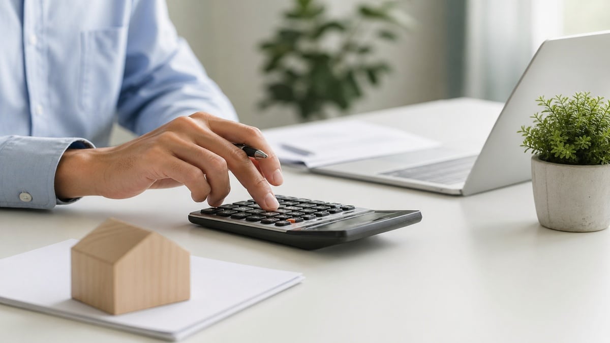 A imagem mostra um ambiente de trabalho limpo e minimalista, onde uma pessoa utiliza uma calculadora sobre uma mesa organizada. É possível observar elementos como um notebook, documentos e uma pequena planta, transmitindo uma sensação de organização, controle e foco na gestão financeira pessoal no contexto brasileiro.