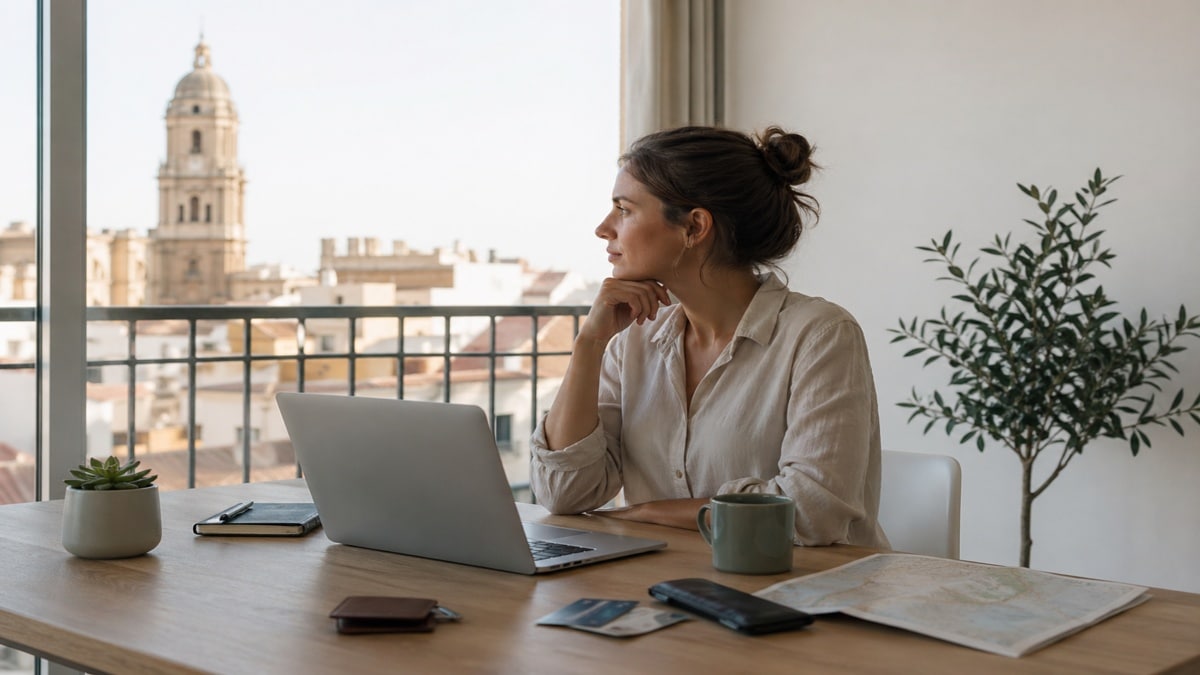 A imagem mostra uma mulher em um ambiente tranquilo e minimalista, sentada diante de um notebook enquanto observa uma cidade brasileira pela janela. Sobre a mesa há elementos como carteira, cartões bancários e um mapa, transmitindo a ideia de organização, planejamento e adaptação financeira em um contexto internacional no Brasil.