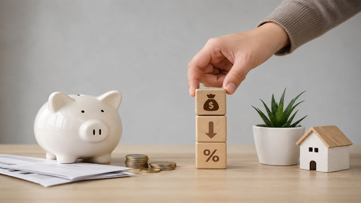 Finanças pessoais representadas por uma cena minimalista com um cofrinho branco, moedas empilhadas, blocos de madeira com símbolos financeiros e uma mão organizando esses elementos sobre uma mesa clara. A composição inclui ainda uma planta e uma pequena casa decorativa, transmitindo a ideia de controle financeiro, organização econômica e planejamento financeiro dentro do contexto brasileiro.