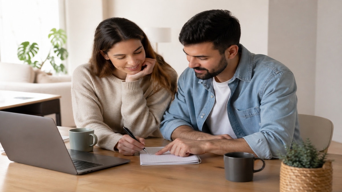 A imagem mostra um casal jovem sentado em um ambiente tranquilo e bem iluminado, organizando suas finanças em conjunto. Ambos estão concentrados e colaboram de maneira próxima, transmitindo uma sensação de confiança, planejamento financeiro e trabalho em equipe dentro da vida a dois no contexto brasileiro.