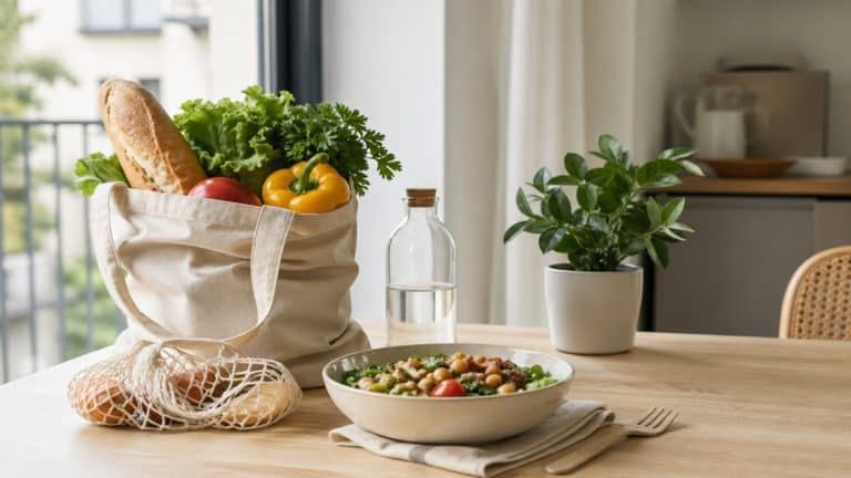 Cena minimalista de uma cozinha iluminada com uma sacola reutilizável cheia de verduras frescas, uma frigideira e alimentos naturais sobre uma mesa de madeira, acompanhados de salada e uma planta decorativa, representando hábitos sustentáveis e finanças pessoais no Brasil.