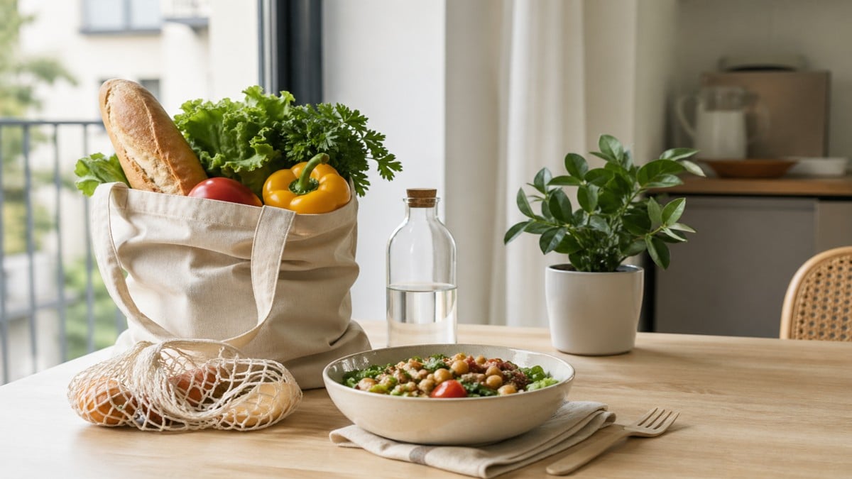 Cena minimalista de uma cozinha iluminada com uma sacola reutilizável cheia de verduras frescas, uma frigideira e alimentos naturais sobre uma mesa de madeira, acompanhados de salada e uma planta decorativa, representando hábitos sustentáveis e finanças pessoais no Brasil.