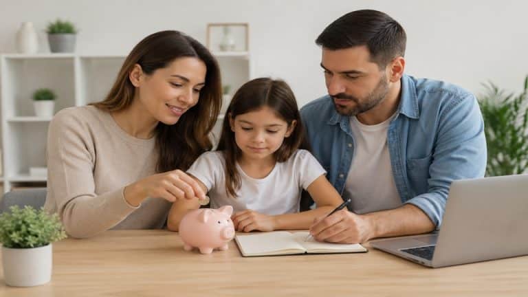 Uma família brasileira se reúne ao redor da mesa, colocando moedas em um cofrinho enquanto planeja as finanças da casa em um ambiente minimalista e bem iluminado. Sobre a mesa há um caderno e um notebook abertos, representando a organização financeira voltada para a educação dos filhos no Brasil.