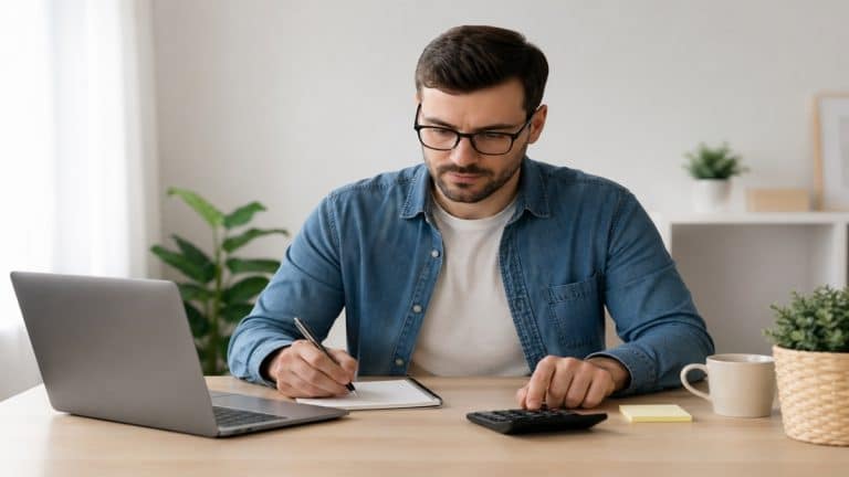 Homem autônomo trabalhando em casa com um notebook, uma calculadora e um caderno em um ambiente minimalista, representando organização e planejamento das finanças pessoais no Brasil.