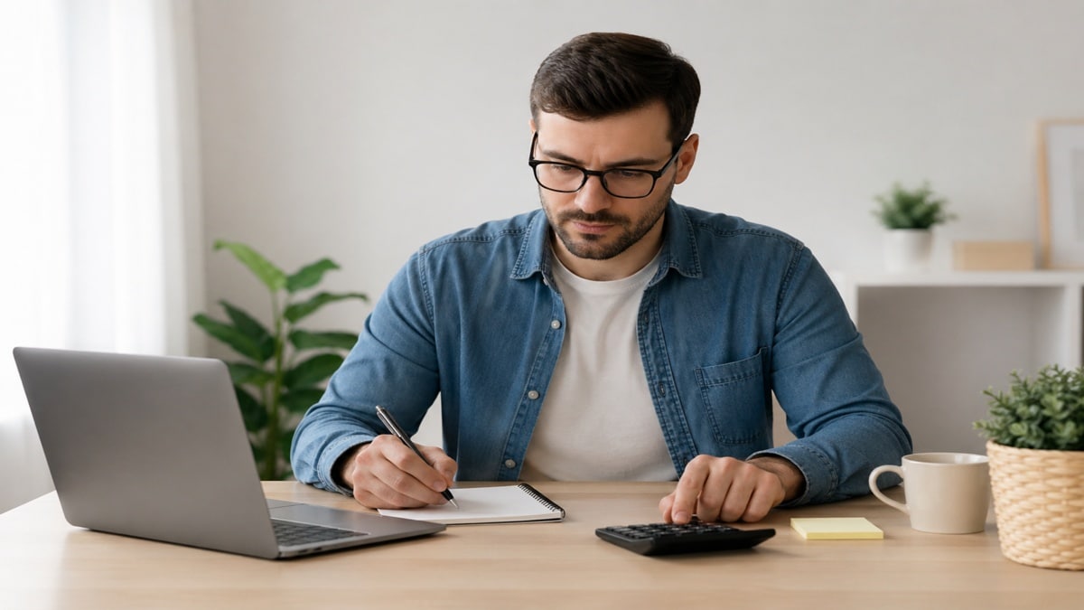 Homem autônomo trabalhando em casa com um notebook, uma calculadora e um caderno em um ambiente minimalista, representando organização e planejamento das finanças pessoais no Brasil.