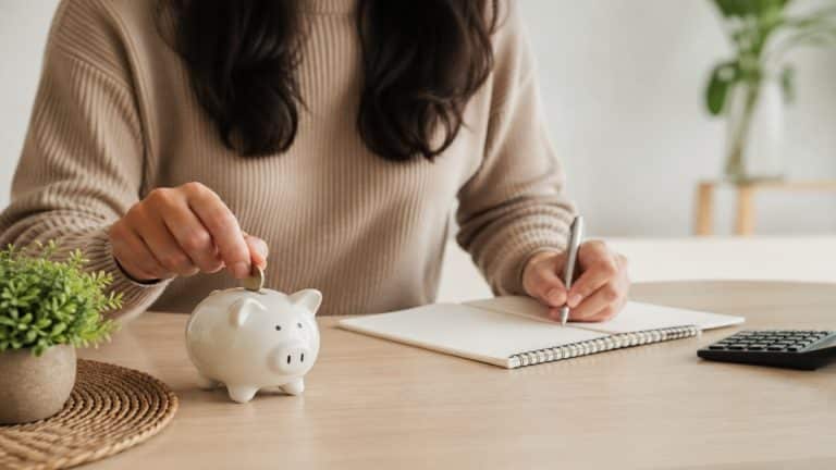 Mulher colocando uma moeda em um cofrinho enquanto escreve em um caderno sobre uma mesa minimalista, com iluminação suave e elementos organizados que representam planejamento financeiro e economia doméstica no Brasil.