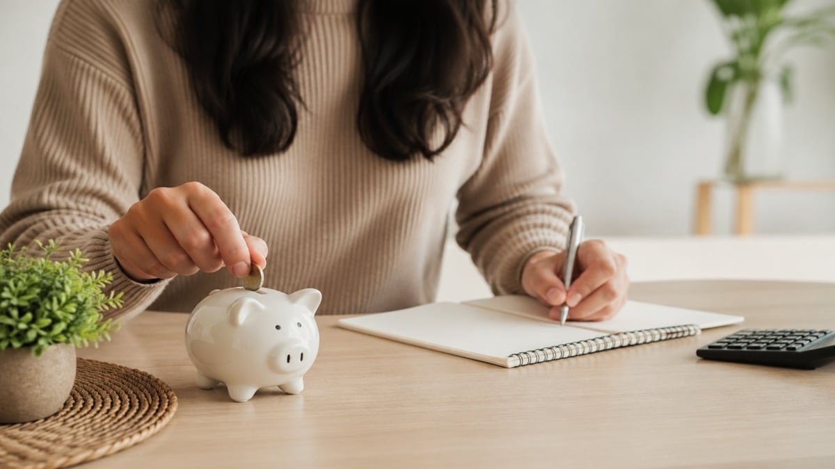 Mulher colocando uma moeda em um cofrinho enquanto escreve em um caderno sobre uma mesa minimalista, com iluminação suave e elementos organizados que representam planejamento financeiro e economia doméstica no Brasil.