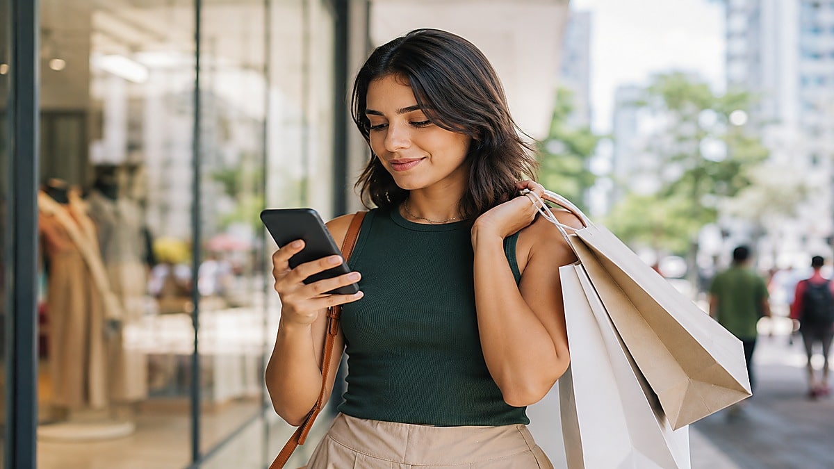 Mulher jovem segura sacolas de compras enquanto olha para o celular em uma rua comercial urbana iluminada pela luz do dia, representando hábitos modernos de consumo digital e compras no Brasil. Ao fundo, vitrines desfocadas, pedestres e prédios reforçam o ambiente urbano contemporâneo e minimalista.