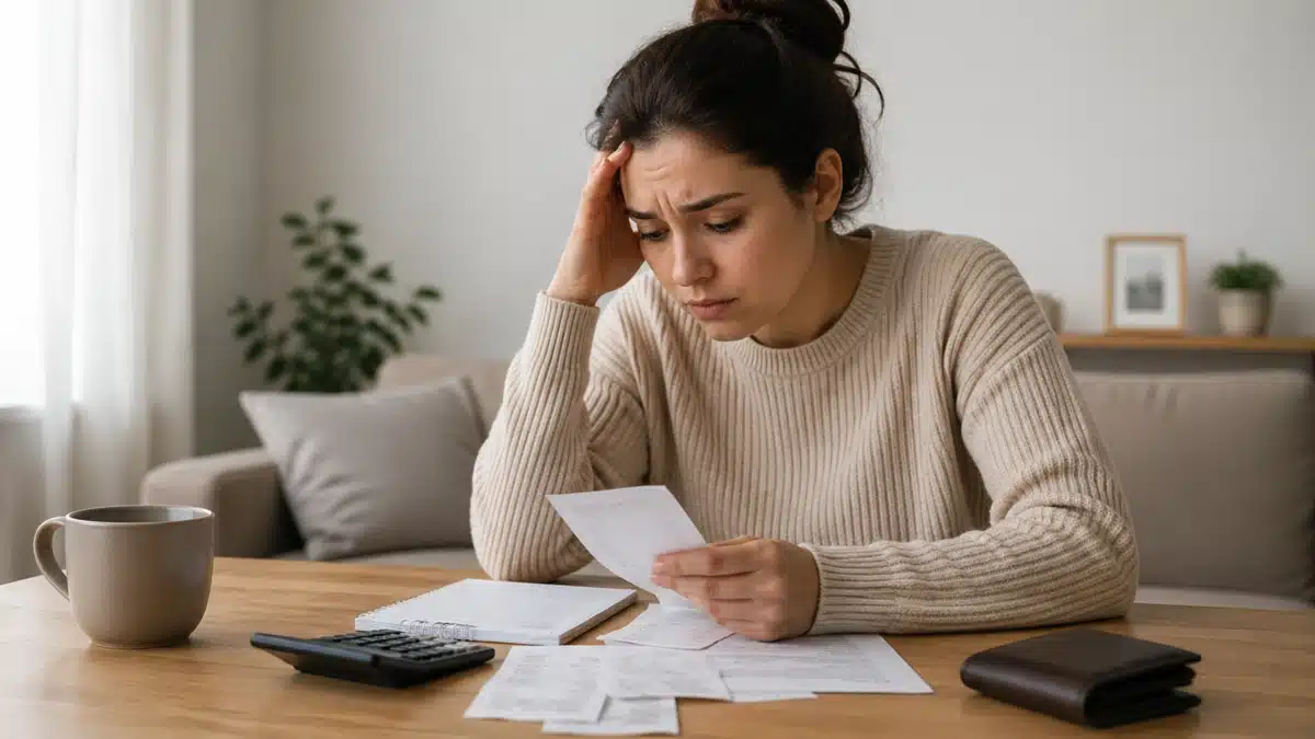 Mulher jovem sentada à mesa em uma sala de estar minimalista, analisando contas e recibos com expressão de preocupação enquanto apoia a cabeça com uma das mãos. Sobre a mesa há papéis, uma calculadora, uma xícara e uma carteira, em um ambiente com iluminação suave e tons neutros, representando desafios cotidianos relacionados à educação financeira no Brasil.