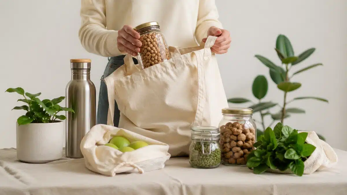 Pessoa colocando um pote de grãos em uma sacola reutilizável de tecido sobre uma mesa com alimentos frescos, recipientes de vidro e garrafa metálica, em um ambiente iluminado e minimalista que representa hábitos sustentáveis e consumo consciente, relacionado à educação financeira e a decisões de compra mais responsáveis no Brasil.