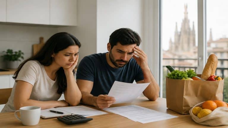 La imagen complementa el tema mostrando a una pareja en un ambiente doméstico minimalista mientras revisa documentos y gastos del hogar. La expresión de preocupación y los elementos cotidianos, como las compras y las cuentas sobre la mesa, representan visualmente la presión económica que viven muchas familias en Barcelona debido al aumento del coste de vida.