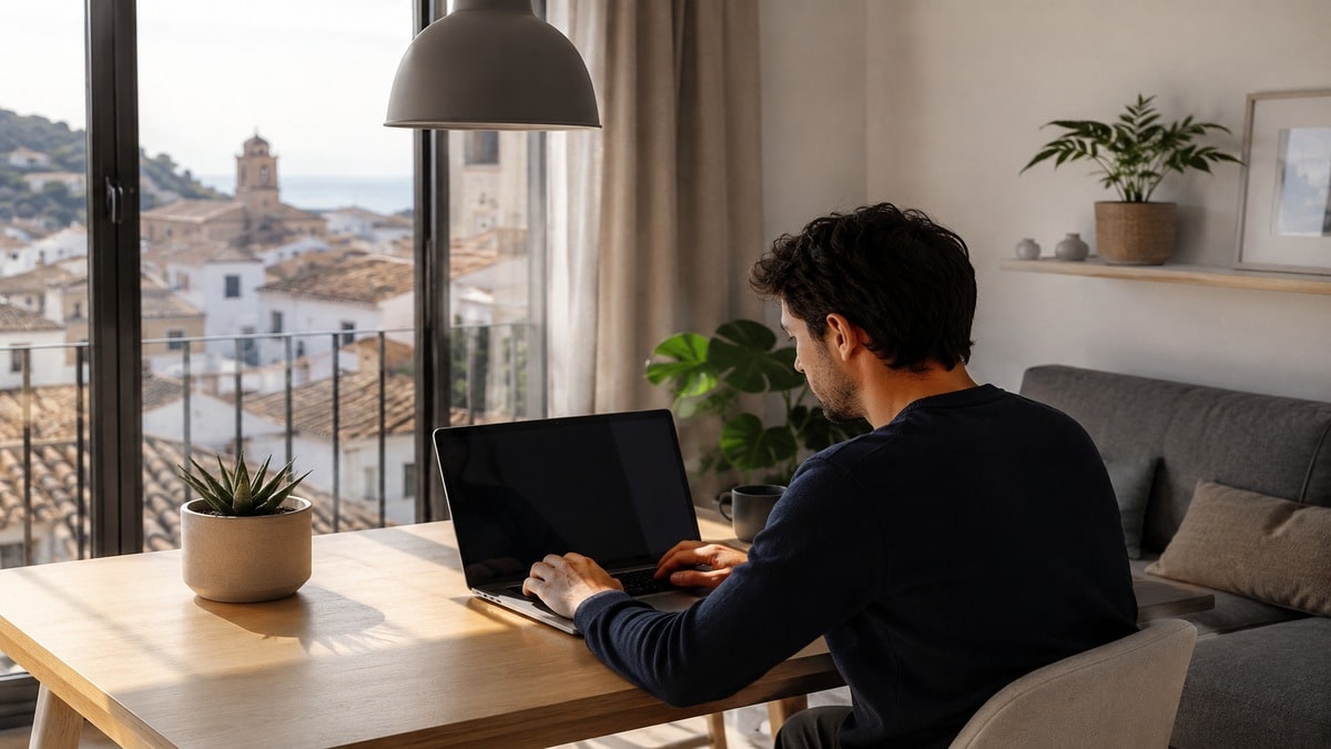 La imagen representa de manera minimalista y realista esta nueva realidad laboral. Se observa a una persona trabajando desde casa en un espacio moderno y tranquilo, con vista a una ciudad mediterránea española. La escena transmite comodidad, digitalización y flexibilidad profesional, reflejando visualmente el impacto de las Tendencias económicas asociadas al teletrabajo y a las transformaciones urbanas y sociales en España.