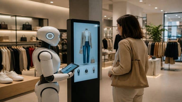La imagen representa visualmente esta transformación digital dentro de una tienda moderna y minimalista. Un robot humanoide interactúa con una clienta frente a una pantalla inteligente que muestra productos de moda, simbolizando la integración de herramientas automatizadas en el entorno comercial. La escena transmite innovación, sofisticación y adaptación tecnológica, reflejando las Tendencias económicas relacionadas con la modernización del comercio en España y el avance de la inteligencia artificial en la experiencia de compra.