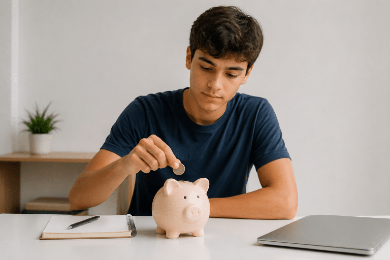 Joven sentado frente a una mesa blanca en un entorno minimalista y luminoso, colocando una moneda en una hucha de cerámica de color claro. Sobre la mesa hay un cuaderno abierto, un bolígrafo y un ordenador portátil cerrado, elementos que transmiten organización y planificación personal. El fondo presenta una decoración sencilla con una pequeña planta y estanterías discretas, creando una atmósfera tranquila y ordenada. La escena representa el concepto de Educación financiera para jóvenes, destacando la importancia de desarrollar hábitos responsables de gestión del dinero, previsión económica y construcción de un futuro más estable mediante el ahorro y la toma de decisiones conscientes.